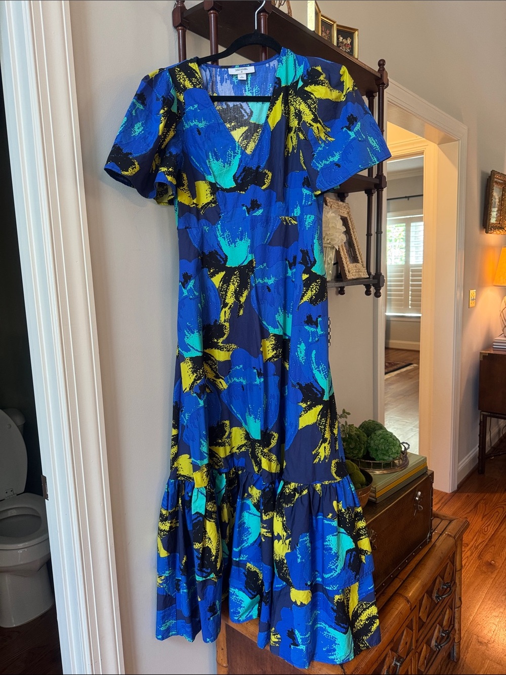 Vibrant Blue Floral Dress with Flutter Sleeves